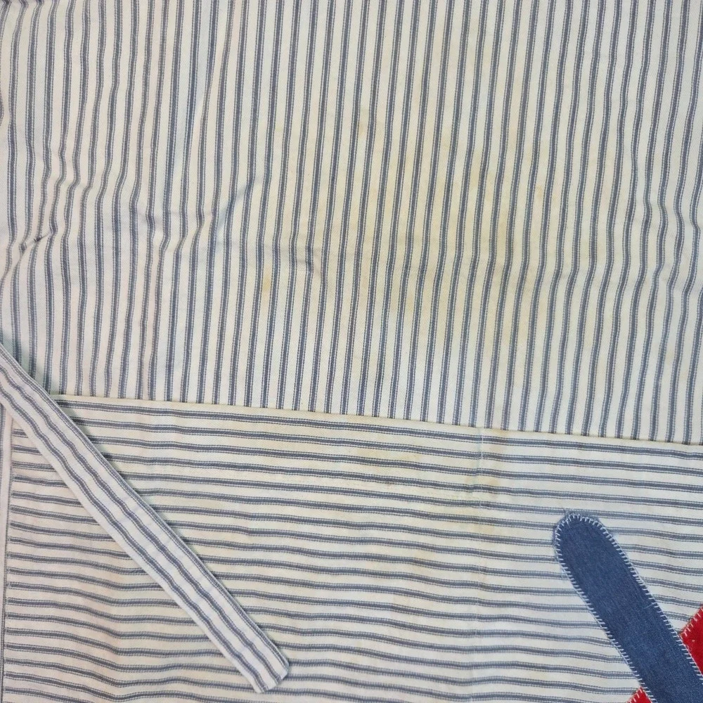 VTG Handmade Hickory Stripe Apron Applique Blue White‎ Utensils Cooking Pockets